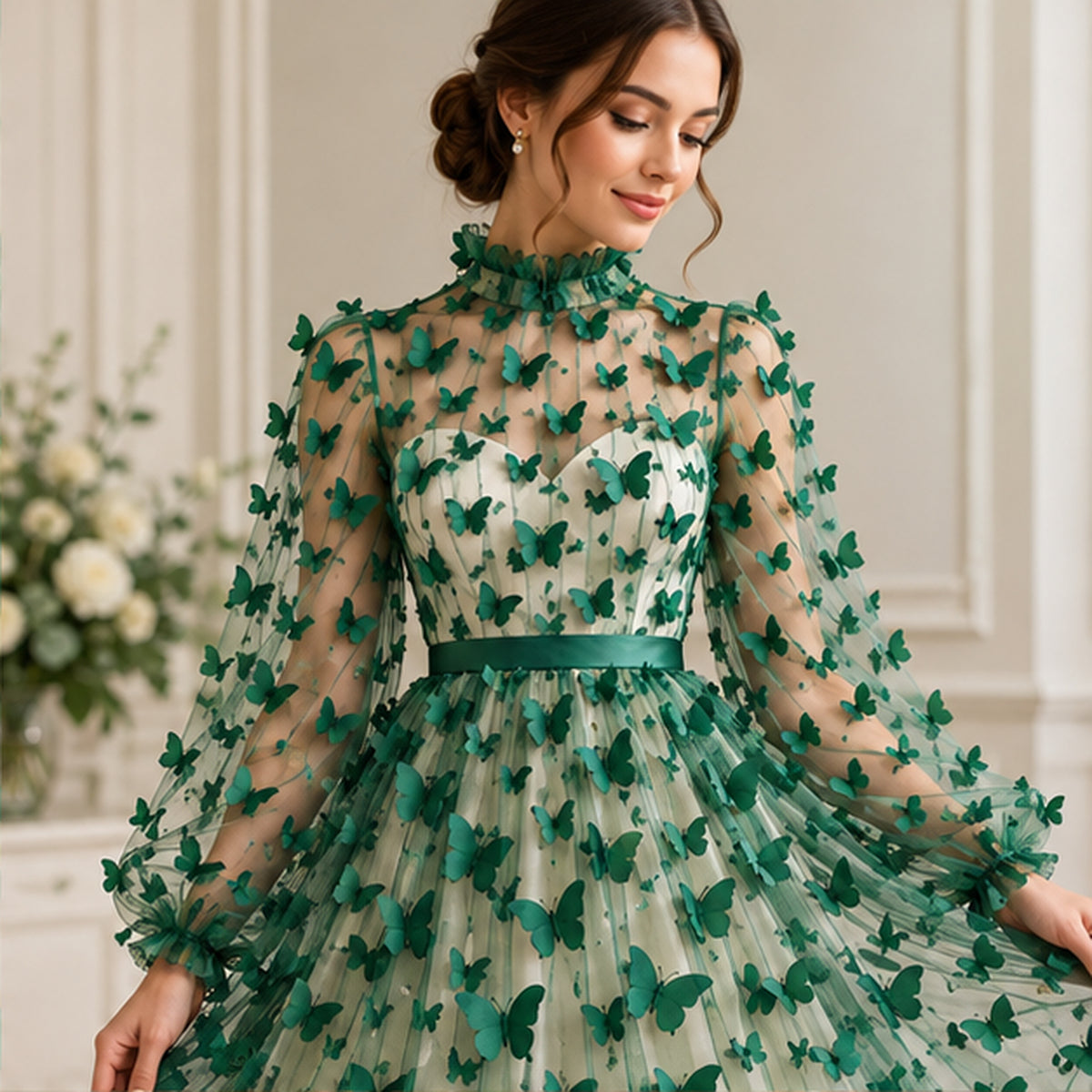 3D Butterflies Hunter Green Lace Fabric Embroidered by the Yard