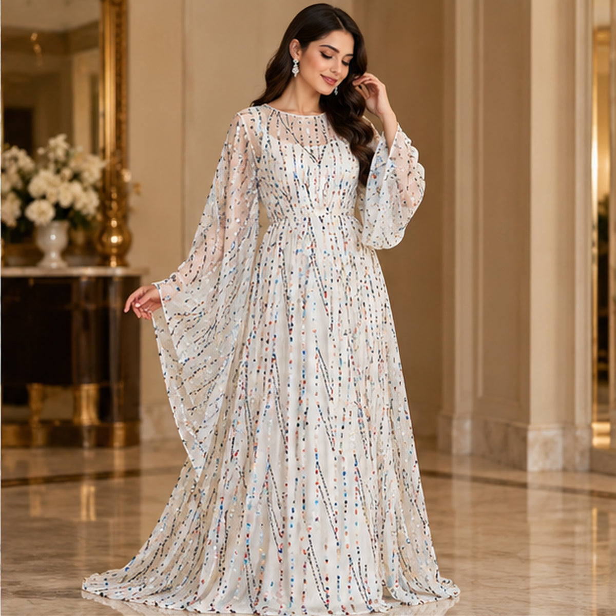 Hand Sequined Chiffon Fabric White Embellished Wide by the Yard