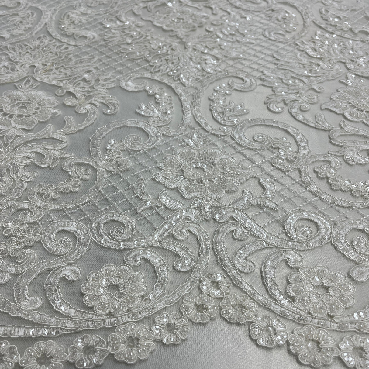 1 Yard Couture Beaded & Corded Bridal Lace with Sequins & Pearls Embroidered on Polyester Net Mesh, 54” Wide