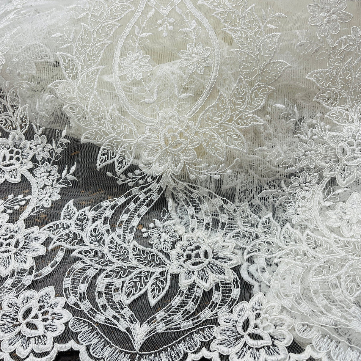 1 Yard Timeless Ivory Corded Bridal Lace Fabric Embroidered on Net Mesh 54 inch Width