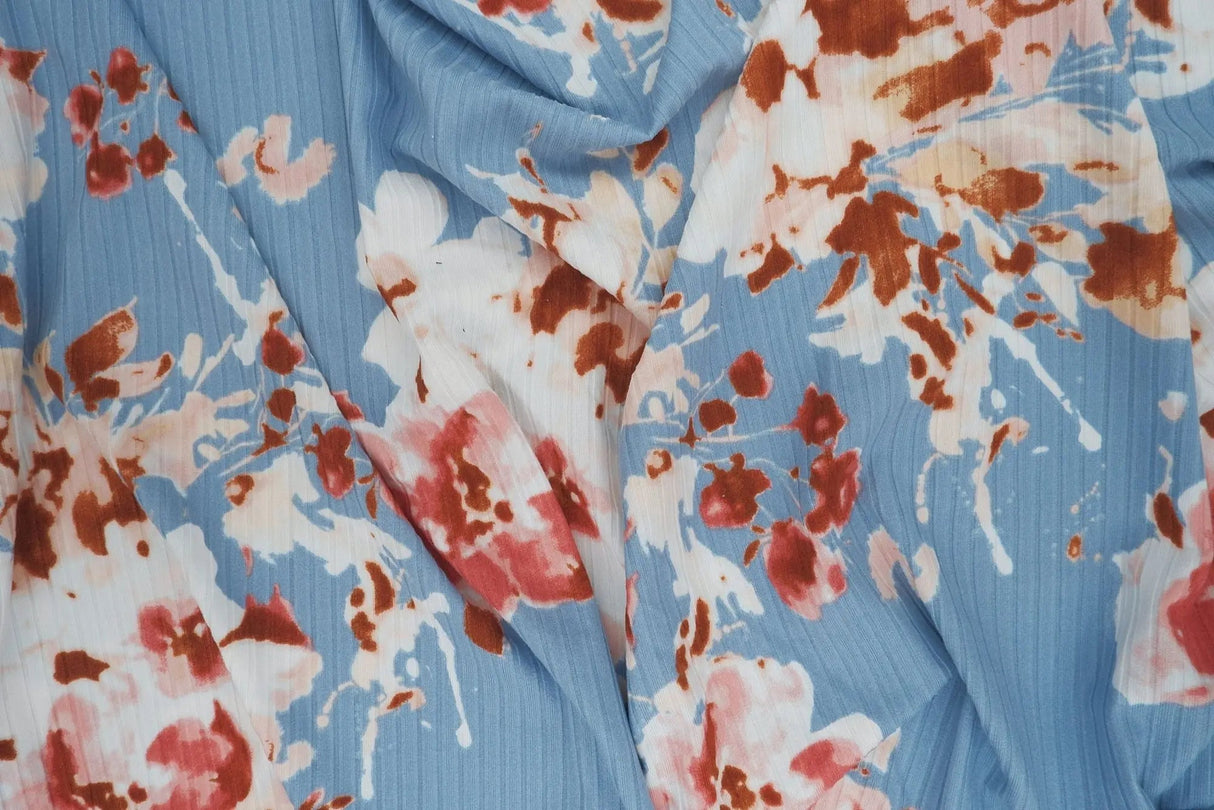 8×3 Yummy Rib Floral Print Fabric Soft Stretch Knit, 87% Polyester 13% Spandex & 58/60'' Wide