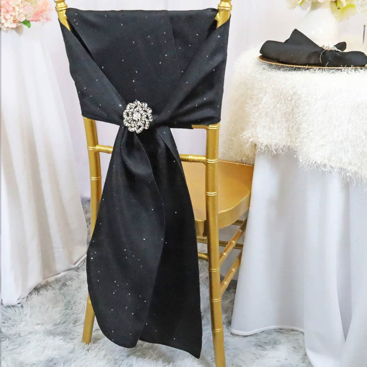 10 Pieces Black Sequin Paillette Poly Flax Burlap Chair Sashes 8"x108" Rustic Glam Event Decor