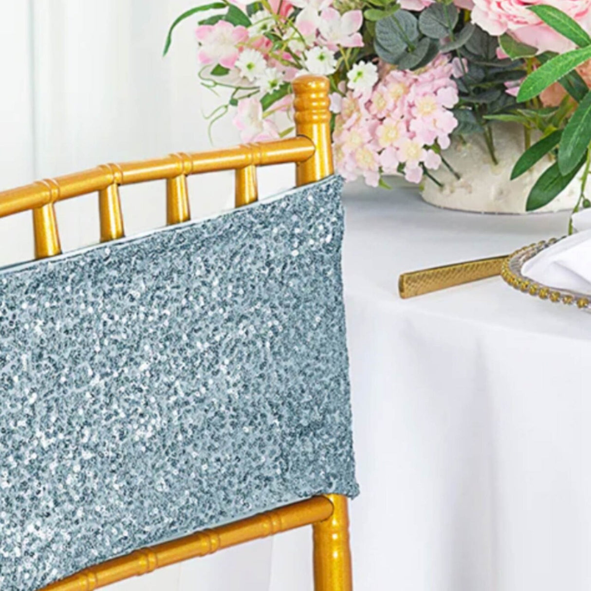 10 Pieces Elegant Dusty Blue Sequin Stretch Spandex Chair Bands 7 x 13 Inches