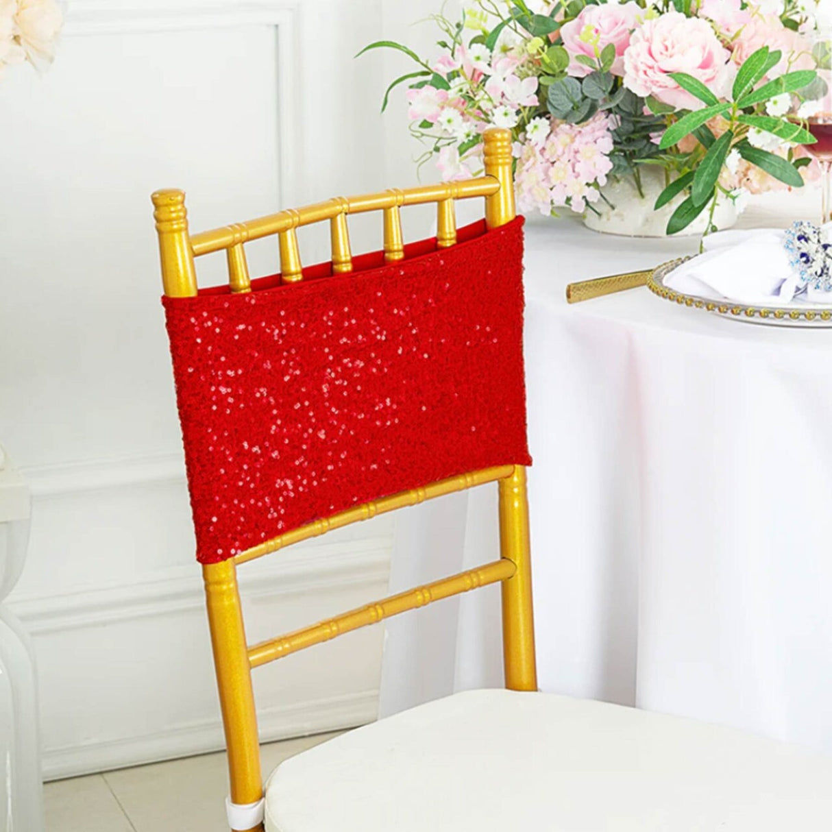 10 Pieces Sparkling Red Sequin Stretch Spandex Chair Bands 7 x 13 Inches