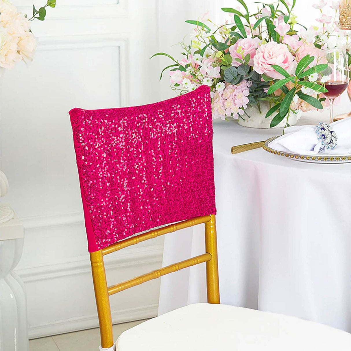 1 Piece Fuchsia Sequin Spandex Chair Cap 13.5 inch by 10 inch Wedding Party Decor