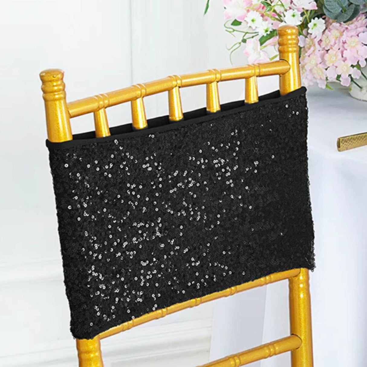 10 Pieces Sleek Black Sequin Stretch Spandex Chair Bands 7 x 13 Inches