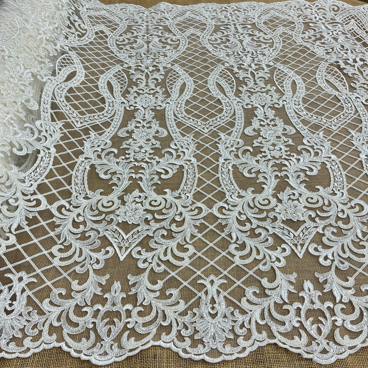 1 Yard Beaded & Corded Bridal Lace Fabric Embroidered Polyester Net Mesh for Elegant Wedding & Couture Designs 54" Wide