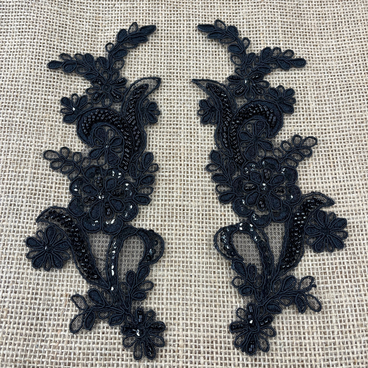 1 Pair Beaded & Corded Floral Lace Applique 9" x 2.5" Each Side