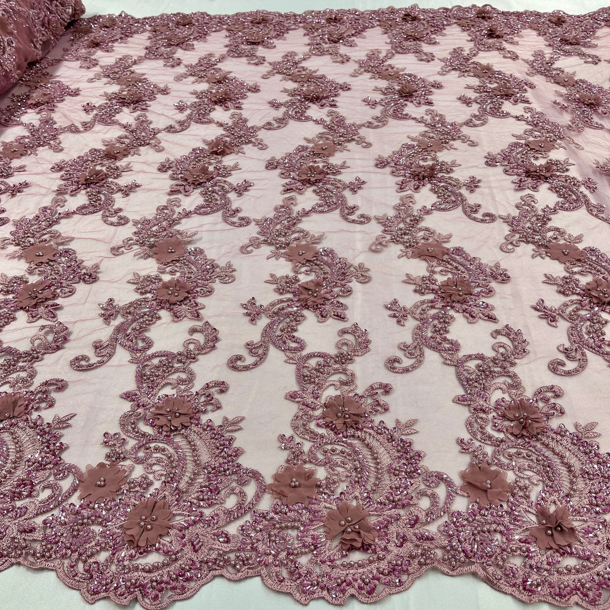 1 Yard Sage 3D Beaded Floral Embroidered Lace Fabric on Polyester Mesh, 52” Wide