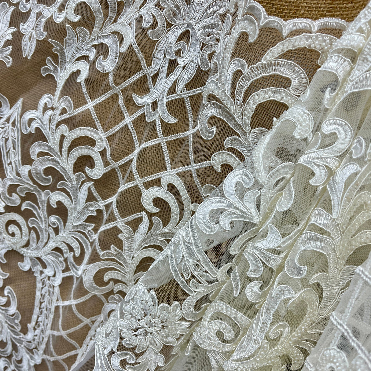 1 Yard Beaded & Corded Bridal Lace Fabric Embroidered Polyester Net Mesh for Elegant Wedding & Couture Designs 54" Wide