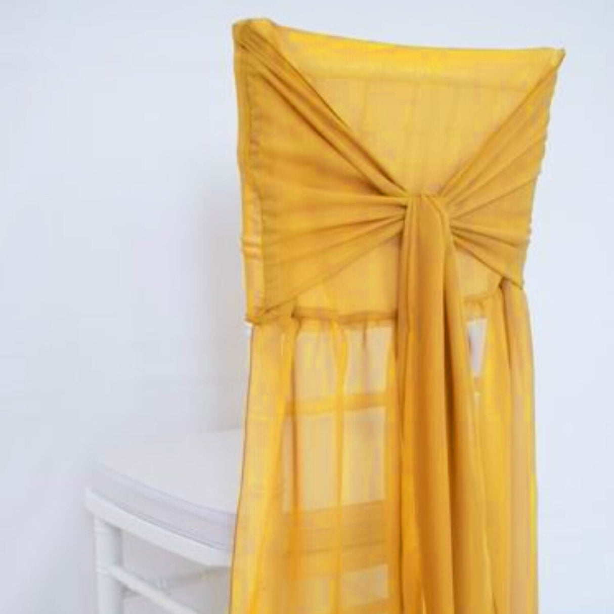 1 Piece Gold Chiffon Chair Back Drape with Sash Elegant Slipcover for Chiavari Chairs