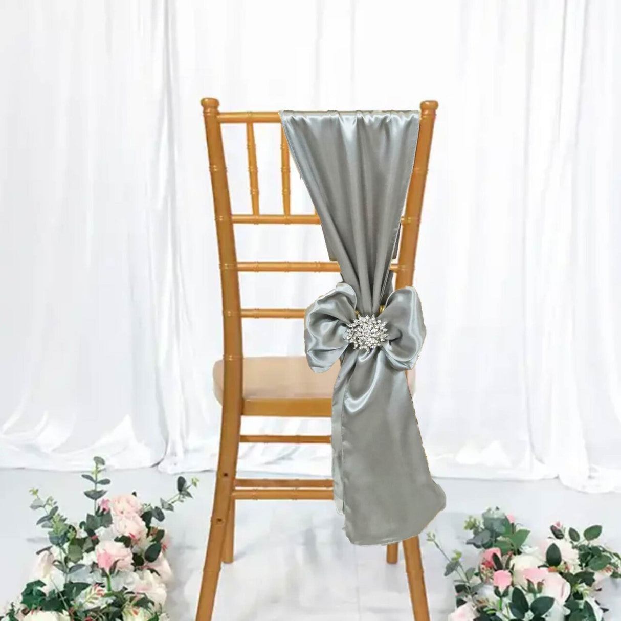 10 Pieces Satin Chair Sashes 8 by 108 inches Silver