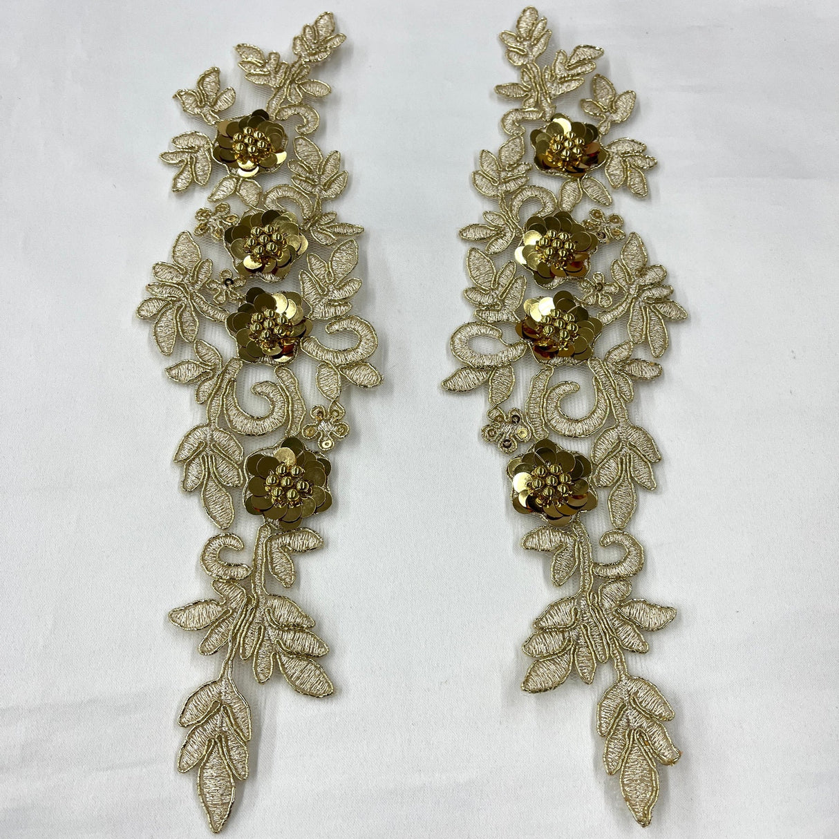 1 Pair 11" x 3" Each Side Beaded & Corded Floral 3D Lace Applique 100% Polyester Net Mesh