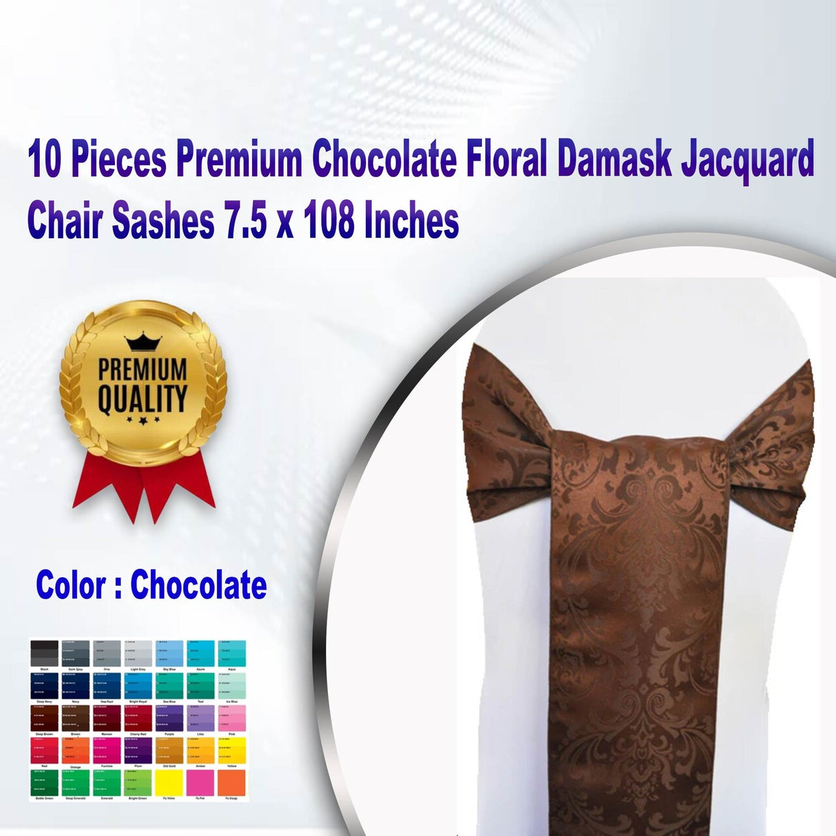 10 Pieces Premium Chocolate Floral Damask Jacquard Chair Sashes 7.5 x 108 Inches