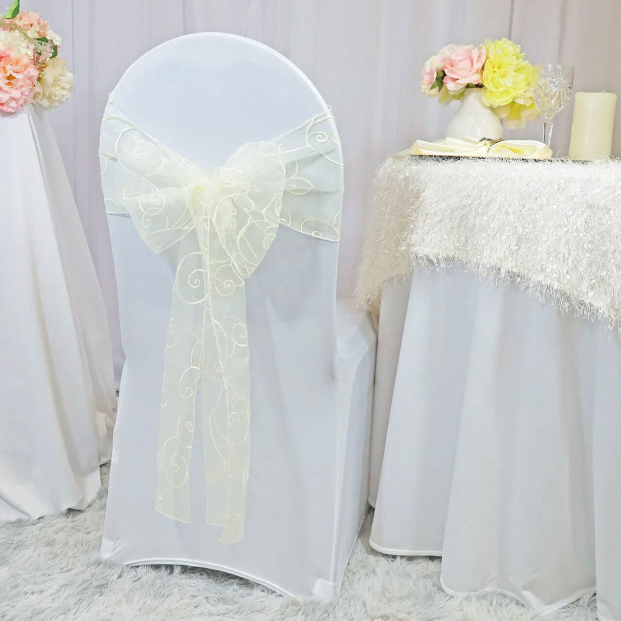 10 Pieces Ivory Embroidered Organza Chair Sashes Sheer Elegant Chair Bows 8"x108"
