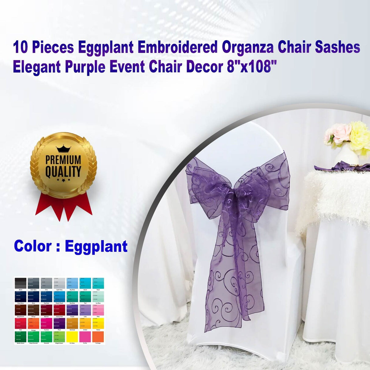 10 Pieces Eggplant Embroidered Organza Chair Sashes Elegant Purple Event Chair Decor 8"x108"