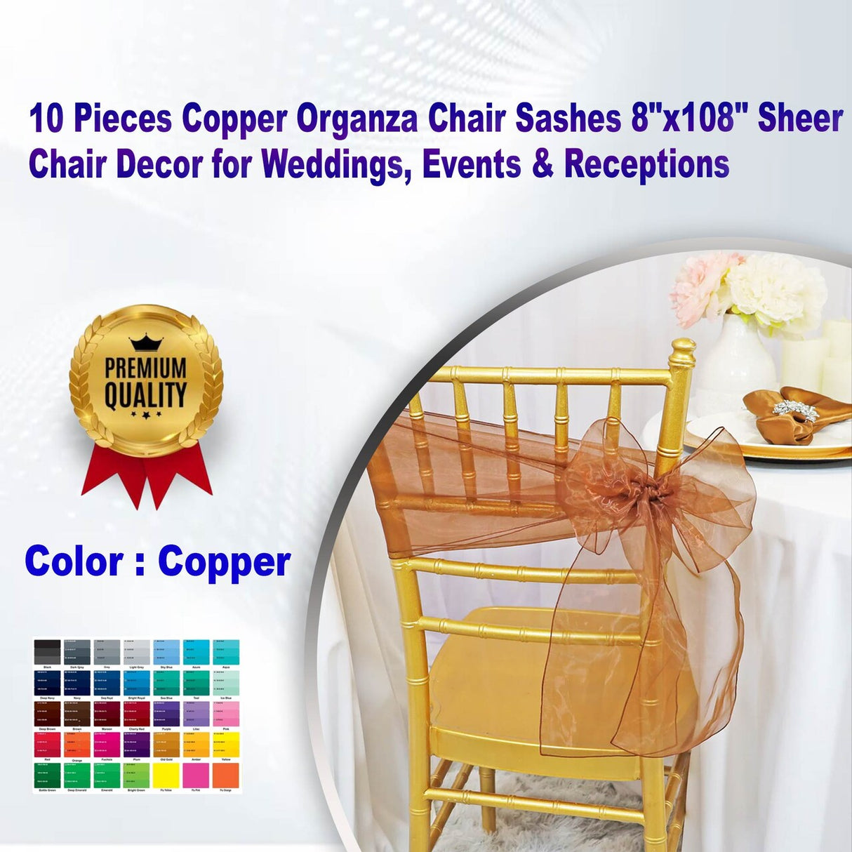 10 Pieces Copper Organza Chair Sashes 8"x108" Sheer Chair Decor for Weddings, Events & Receptions