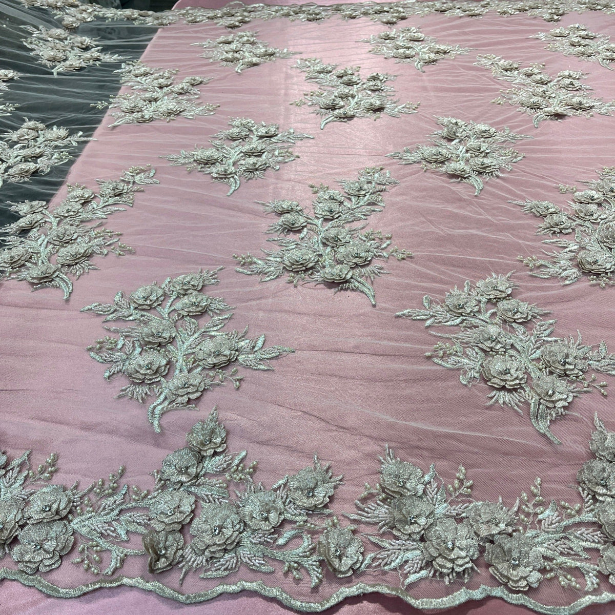 1 Yard Beaded 3D Floral Lace Fabric Embroidered on 100% Polyester Net Mesh 54" Wide