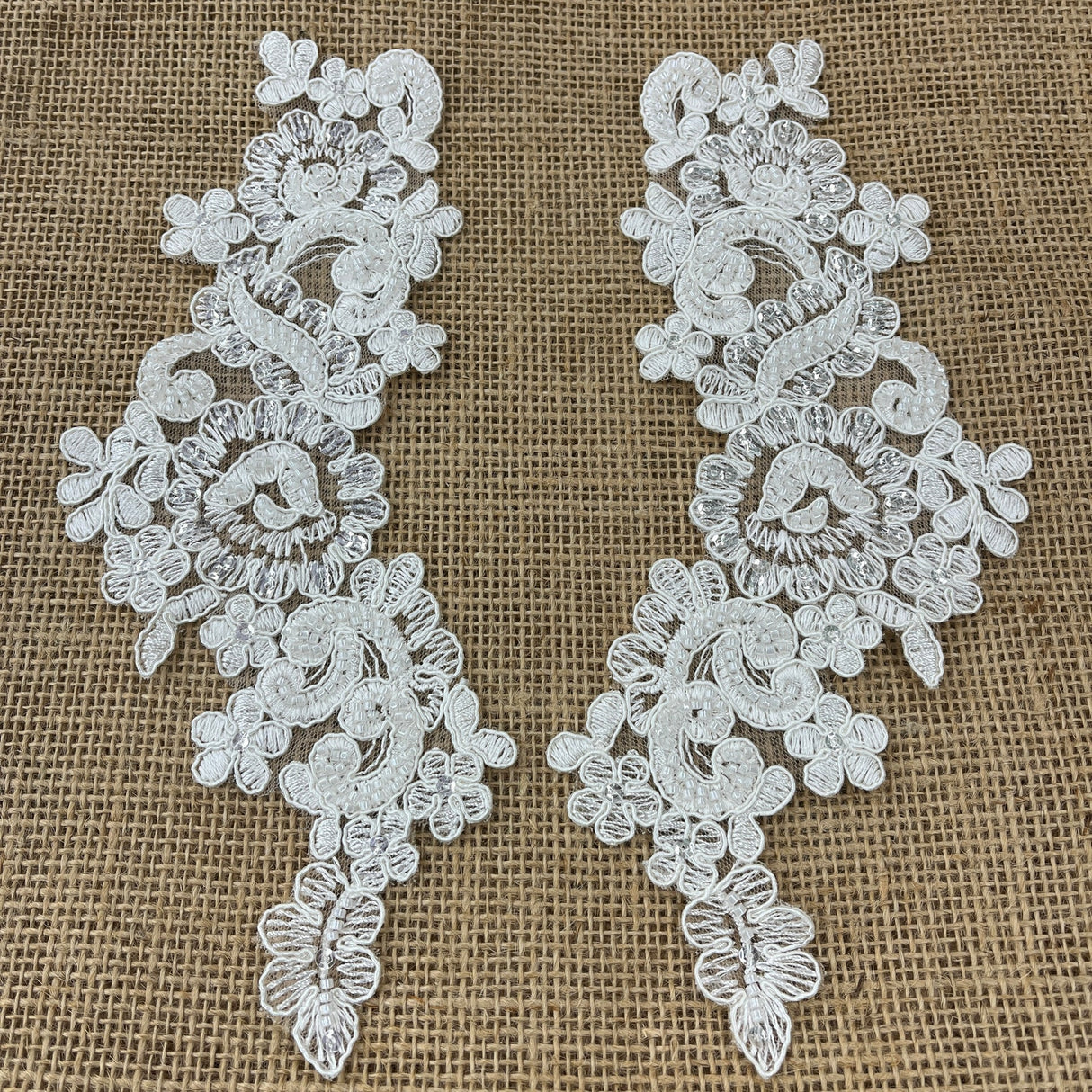 1 Pair 9" x 3" Each Side Beaded & Corded Floral Lace Applique Organza
