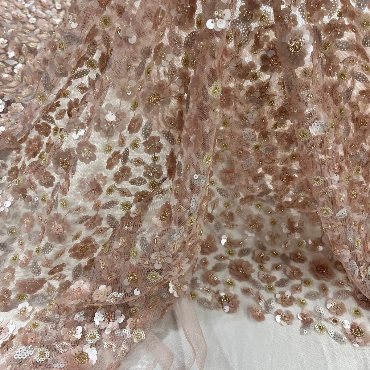 1 Yard Elegant Beaded & Corded Bridal Lace Fabric on 100% Polyester Mesh, Embroidered Floral Design