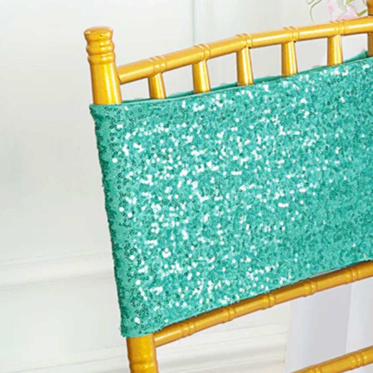 10 Pieces Sparkling Tiff Blue Or Aqua Blue Sequin Stretch Spandex Chair Bands 7 x 13 Inches