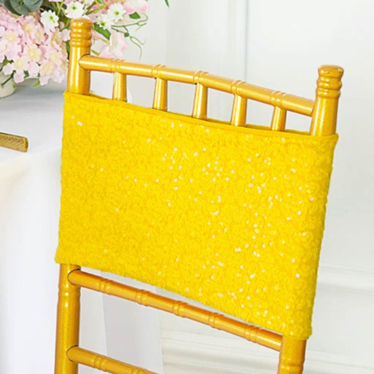 10 Pieces Luxurious Champagne Sequin Stretch Spandex Chair Bands 7 x 13 Inches