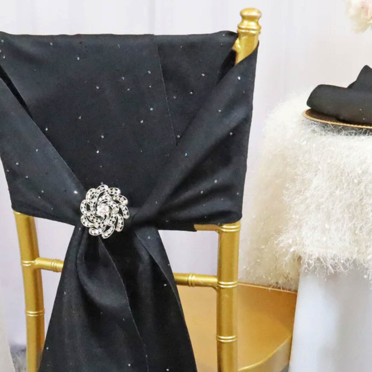 10 Pieces Black Sequin Paillette Poly Flax Burlap Chair Sashes 8"x108" Rustic Glam Event Decor