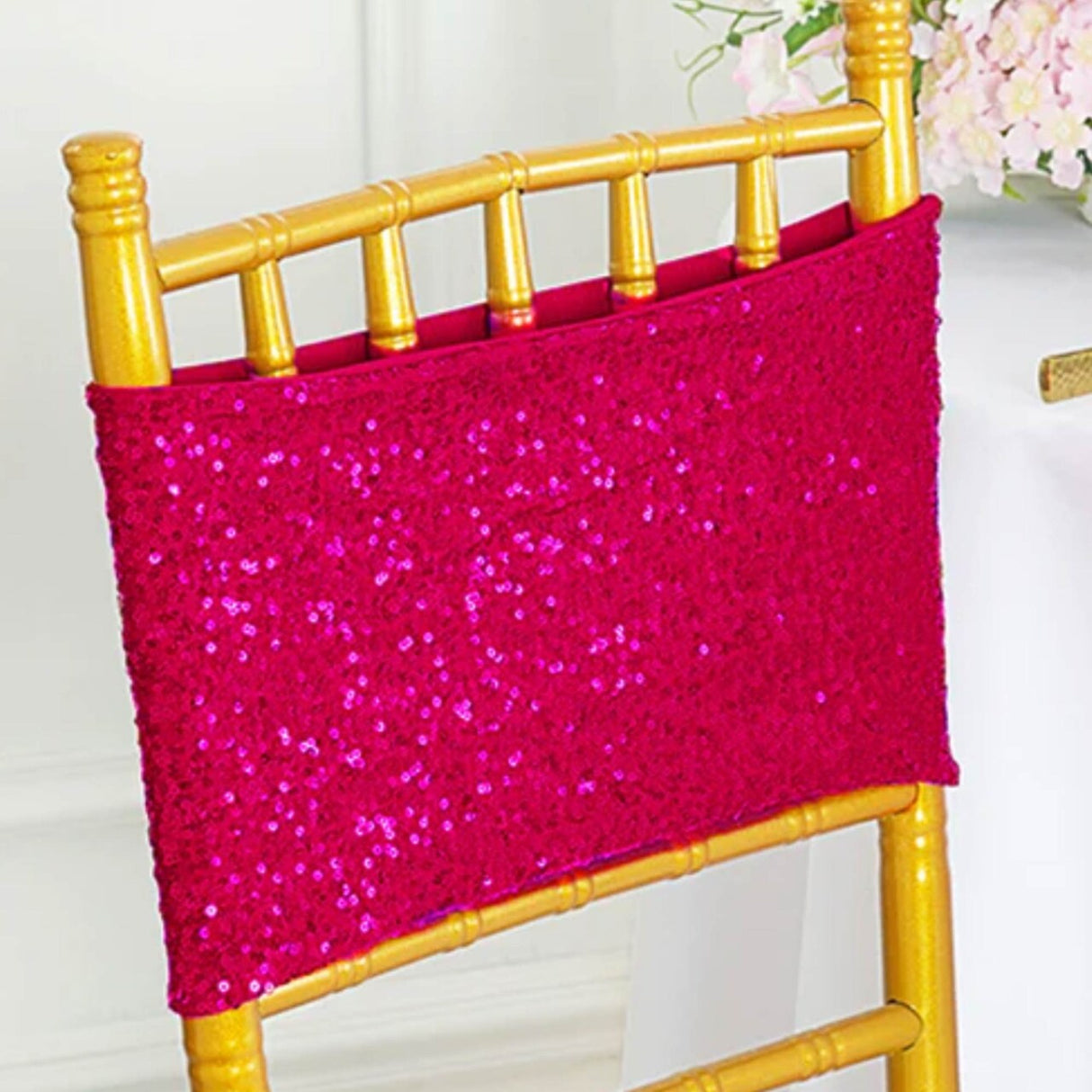 10 Pieces Vibrant Fuchsia Sequin Stretch Spandex Chair Bands 7 x 13 Inches