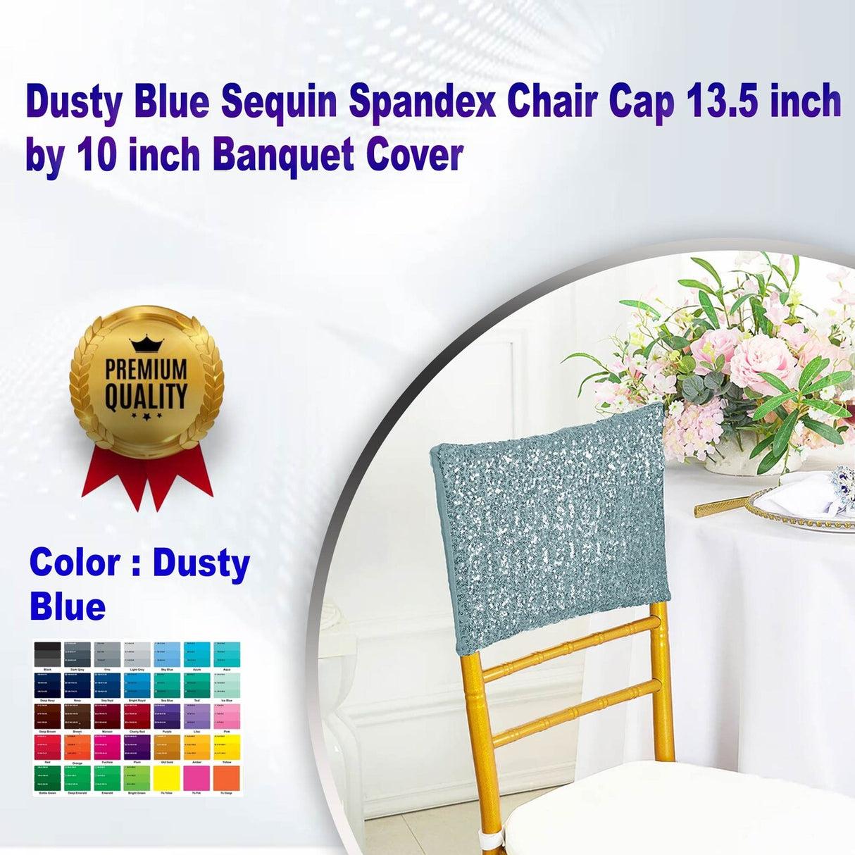 1 Piece Dusty Blue Sequin Spandex Chair Cap 13.5 inch by 10 inch Banquet Cover