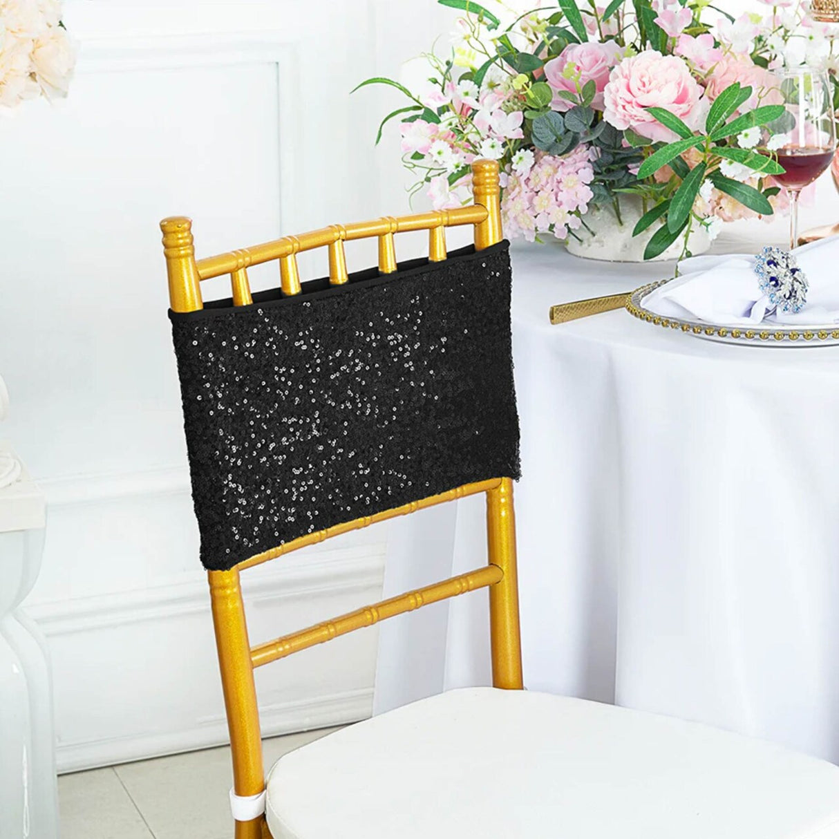 10 Pieces Sleek Black Sequin Stretch Spandex Chair Bands 7 x 13 Inches