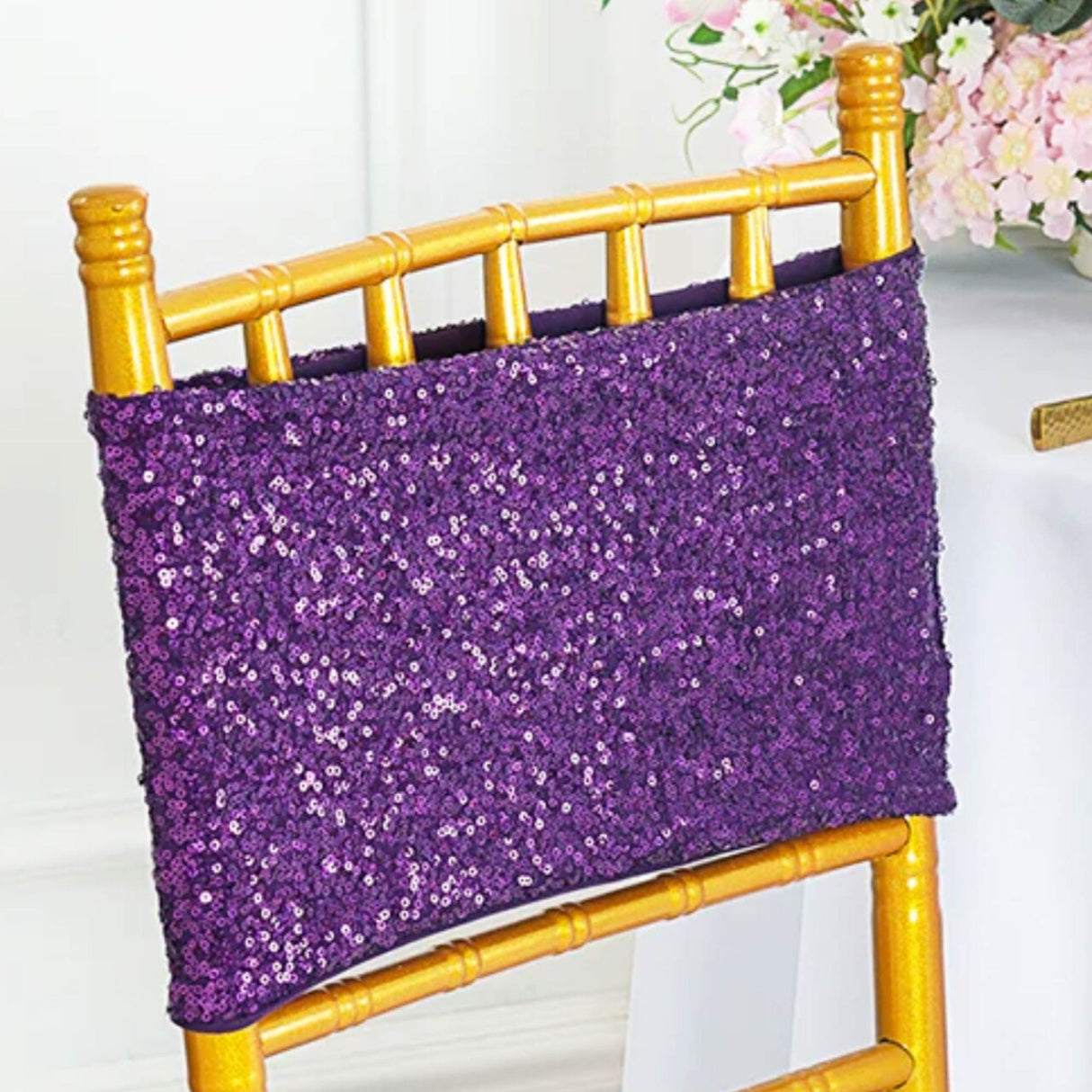 10 Pieces Elegant Eggplant Sequin Stretch Spandex Chair Bands 7 x 13 Inches