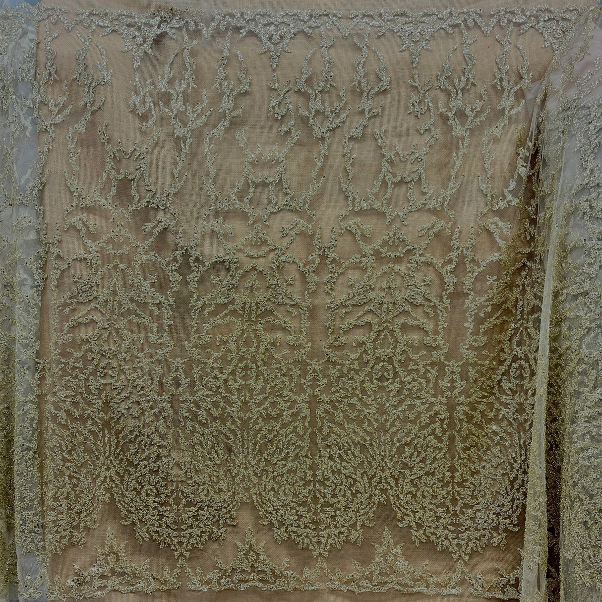 1 Yard Rose Gold Beaded Lace Fabric, Embroidered Polyester Mesh, 52" Wide,