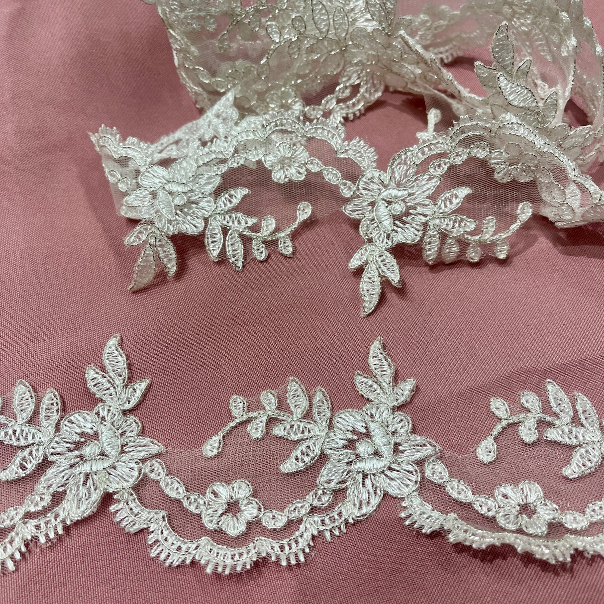 1 Yard Corded Lace Trimming on Net Mesh – 3" Wide | Floral Embroidered Lace for Dresses & Costumes