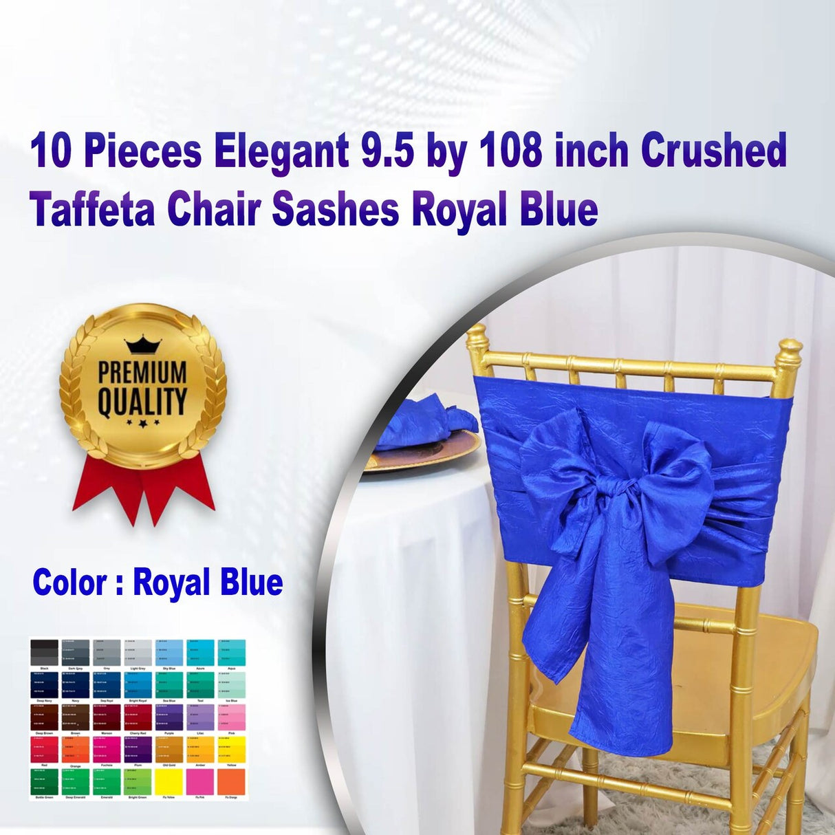 10 Pieces Elegant 9.5 by 108 inch Crushed Taffeta Chair Sashes Royal Blue