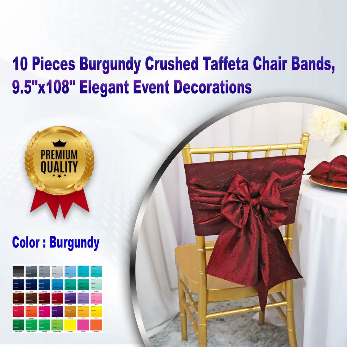 10 Pieces Burgundy Crushed Taffeta Chair Bands, 9.5"x108" Elegant Event Decorations