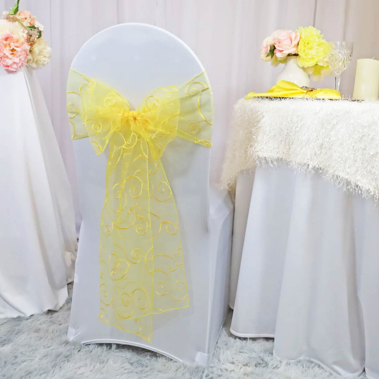 10 Pieces Canary Yellow Embroidered Organza Chair Sashes, Sheer 8"x108" Elegant Decor