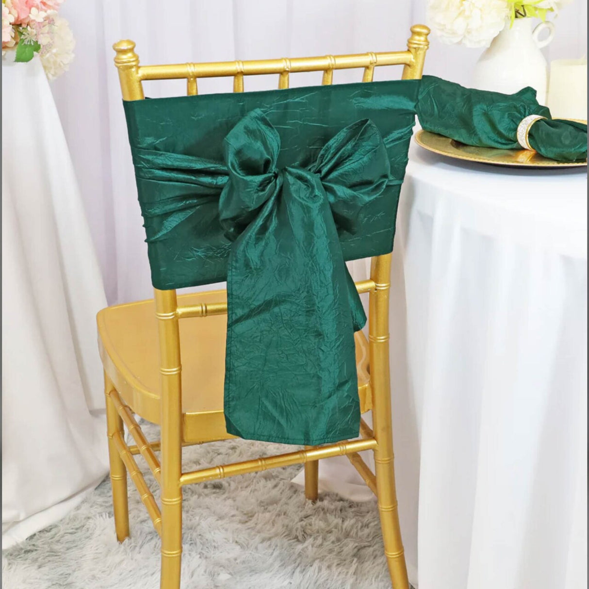 10 Pieces Hunter or Holly Green Crushed Taffeta Chair Sashes 9.5x108"