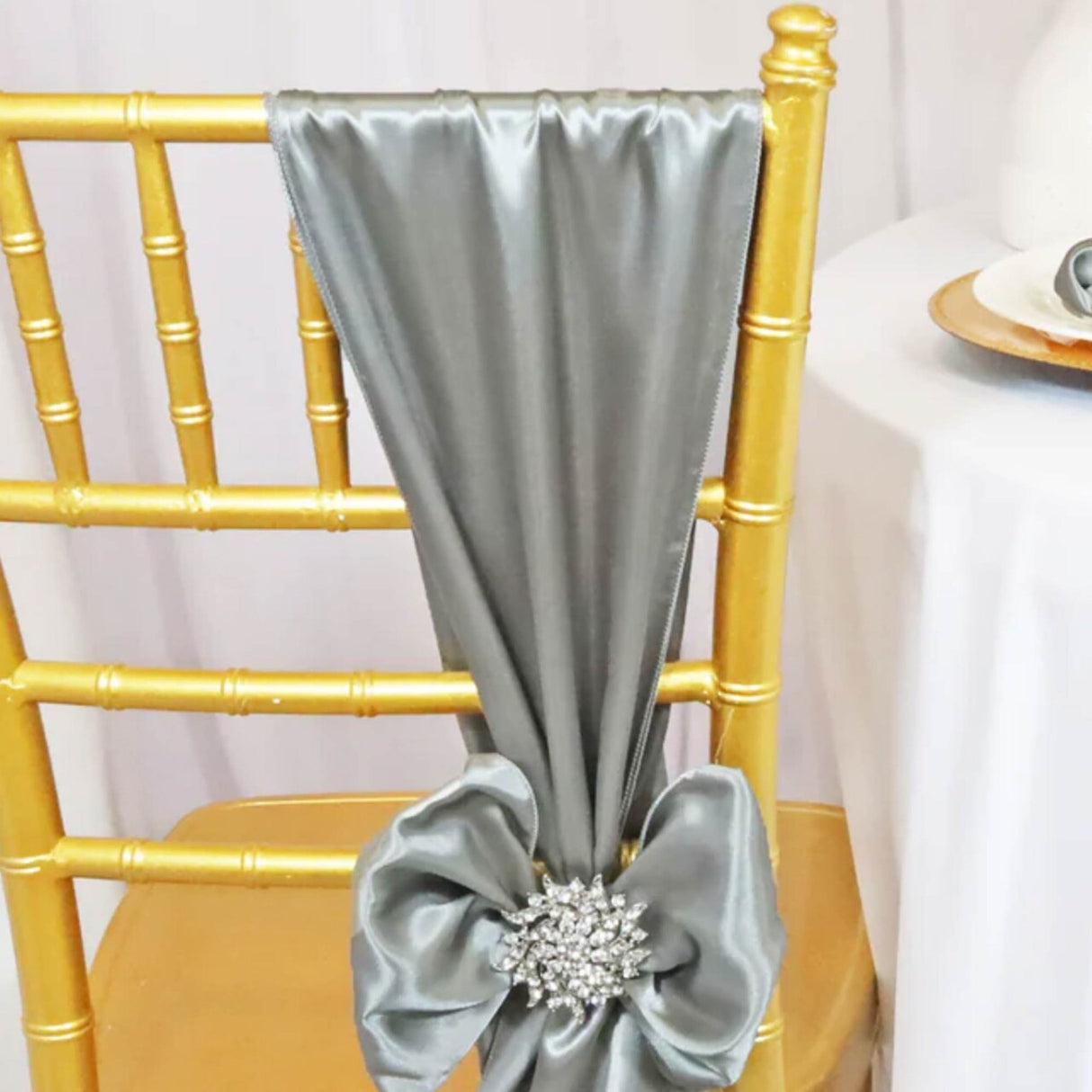 10 Pieces Satin Chair Sashes 8 by 108 inches Silver