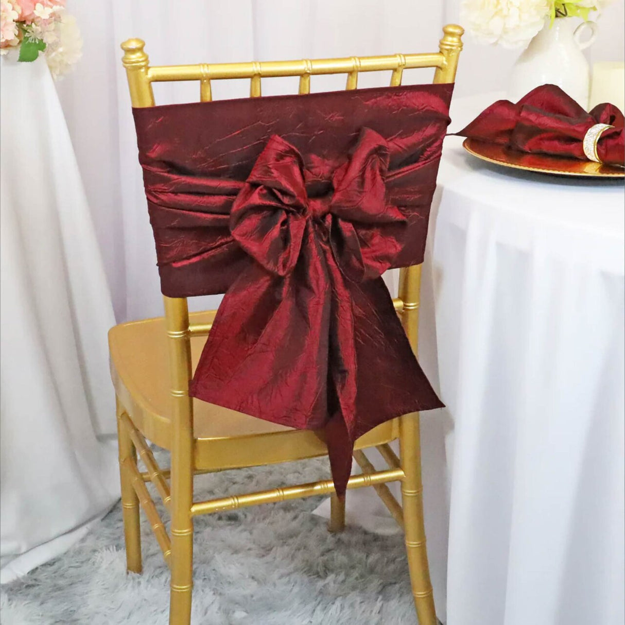 10 Pieces Burgundy Crushed Taffeta Chair Bands, 9.5"x108" Elegant Event Decorations