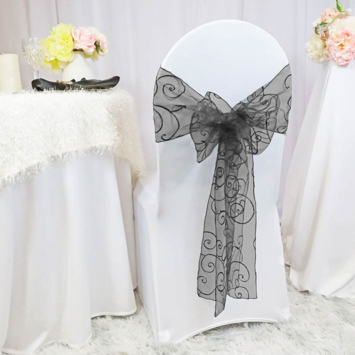 10 Pieces Black Embroidered Organza Chair Sashes 8"x108" for Elegant Event Styling