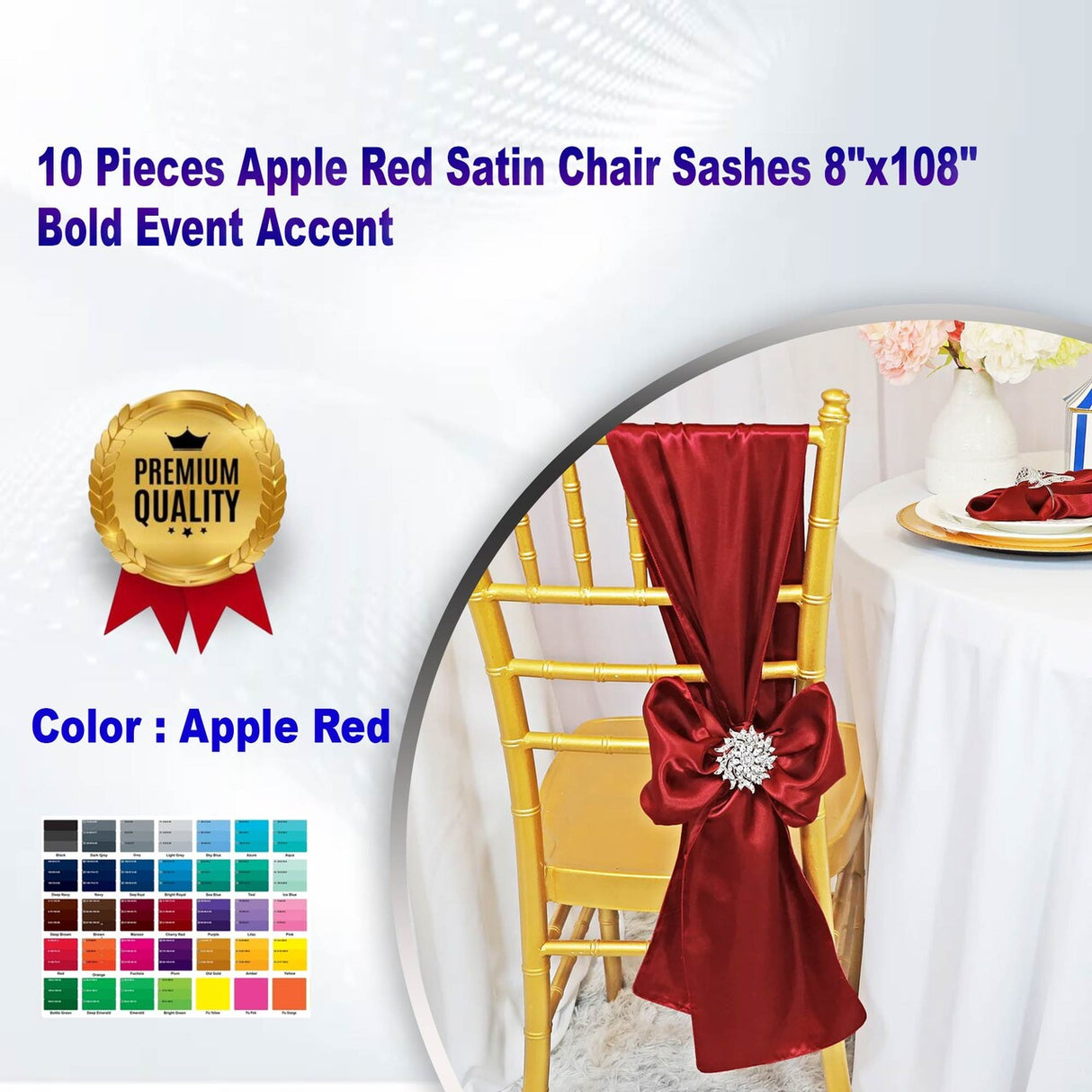 10 Pieces Apple Red Satin Chair Sashes 8"x108" Bold Event Accent