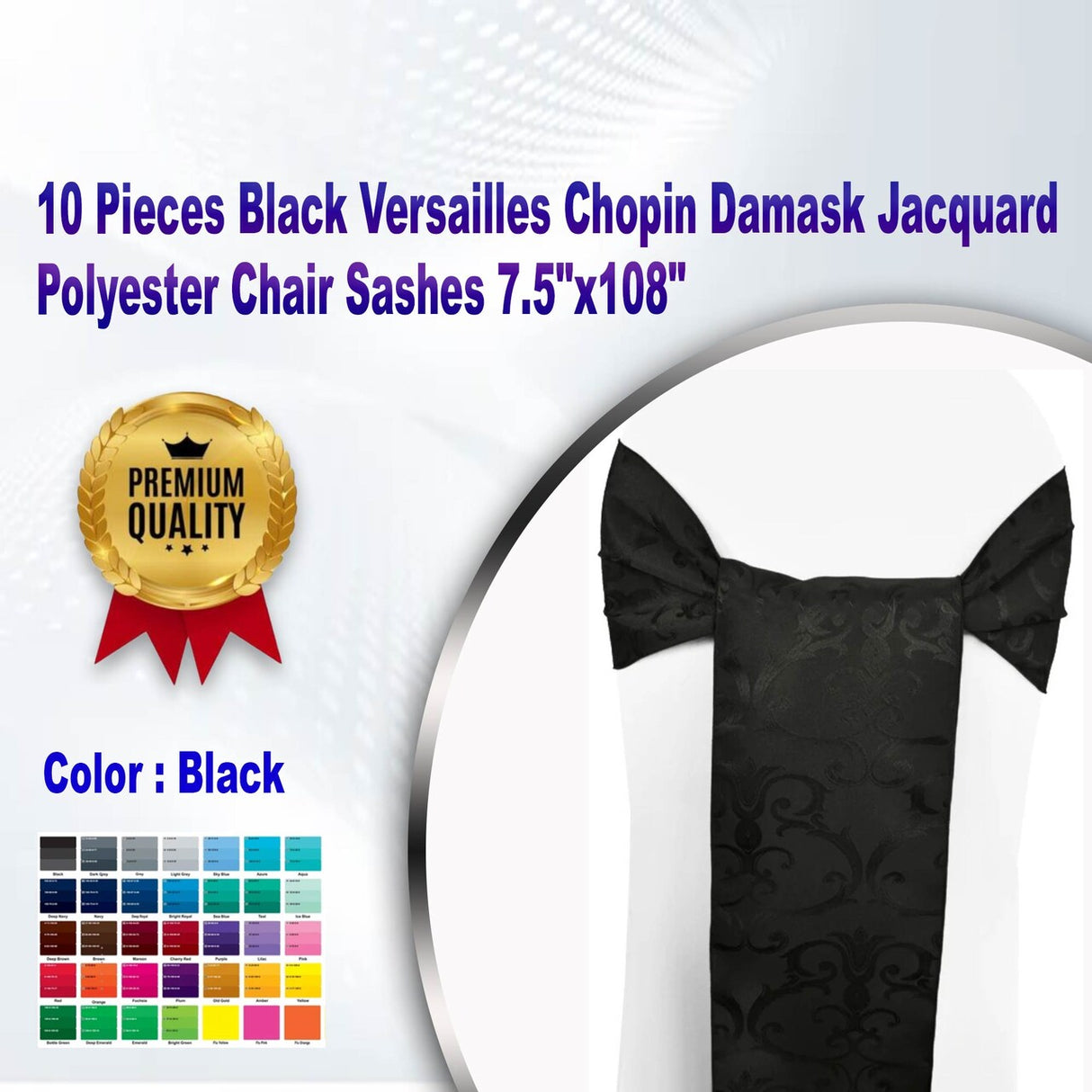 10 Pieces Black Versailles Chopin Damask Jacquard Polyester Chair Sashes 7.5"x108"