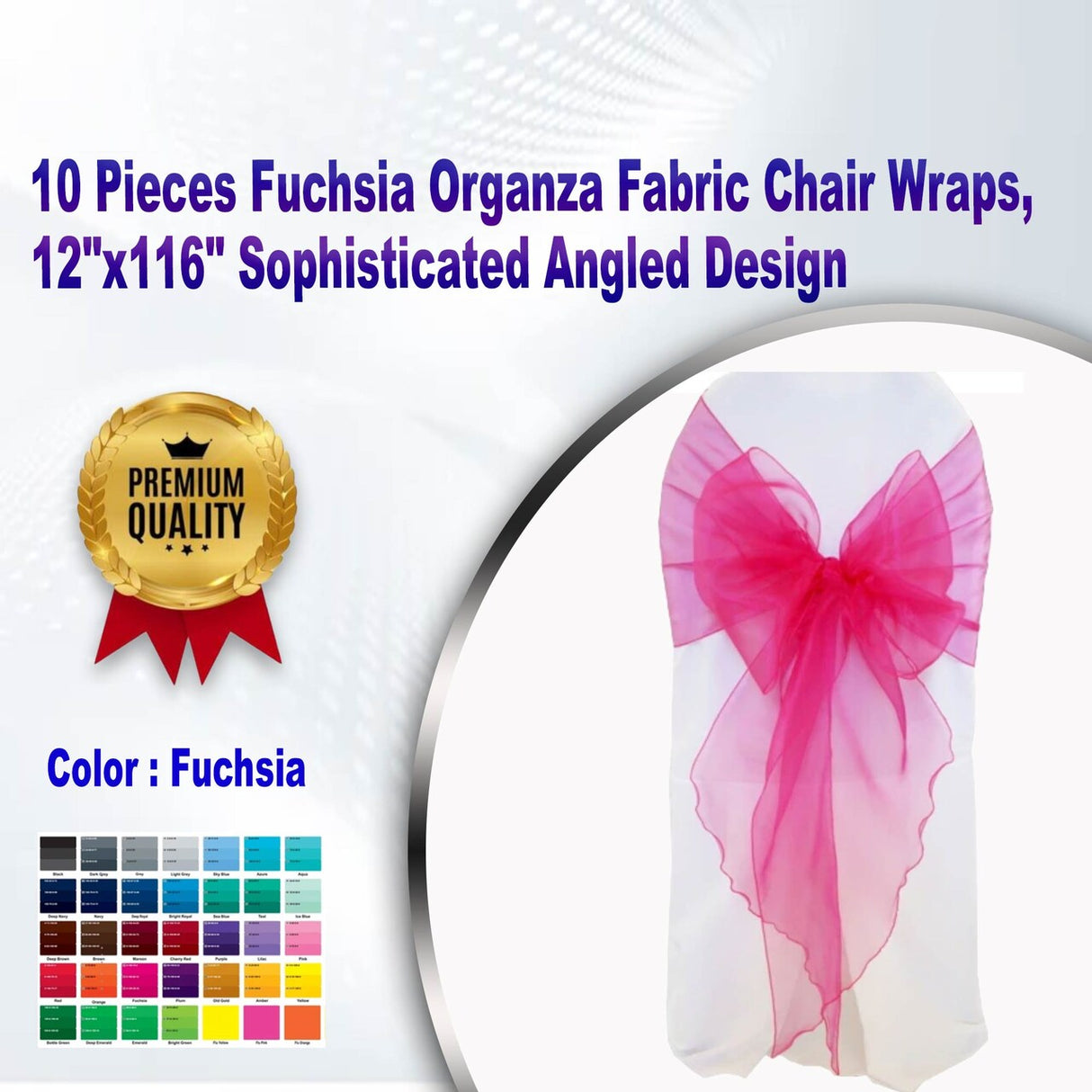 10 Pieces Fuchsia Organza Fabric Chair Wraps, 12"x116" Sophisticated Angled Design