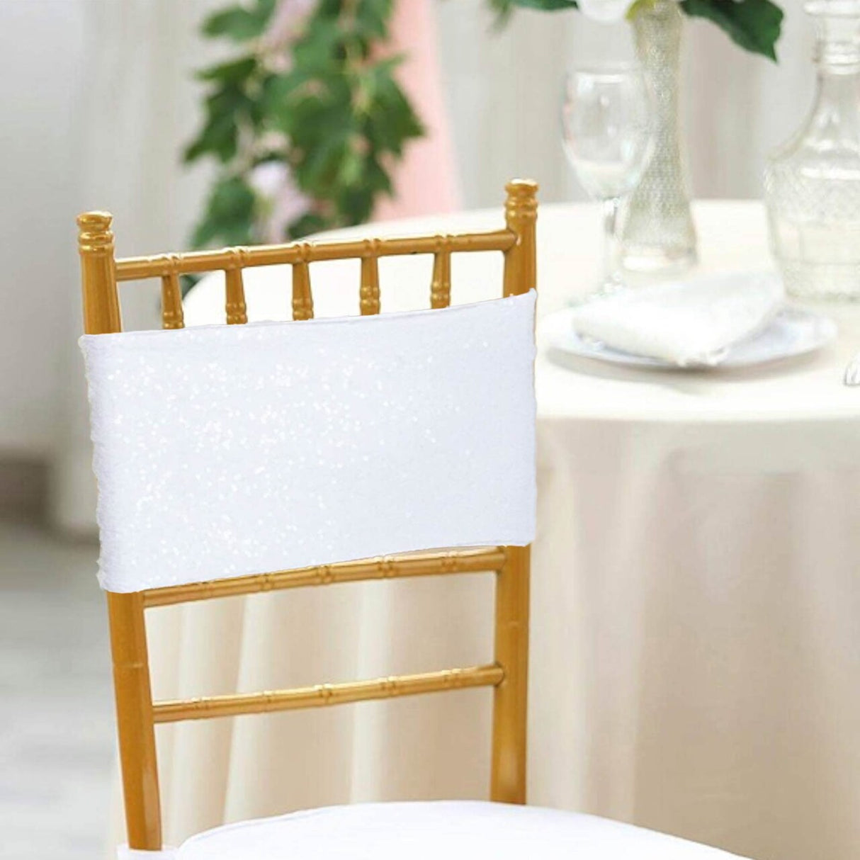 10 Pieces Sparkling White Sequin Stretch Spandex Chair Bands 7 x 13 Inches