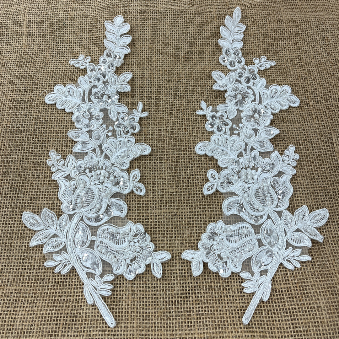 1 Pair 12" x 3.5" Beaded & Corded Floral Lace Applique 100% Polyester Net Mesh