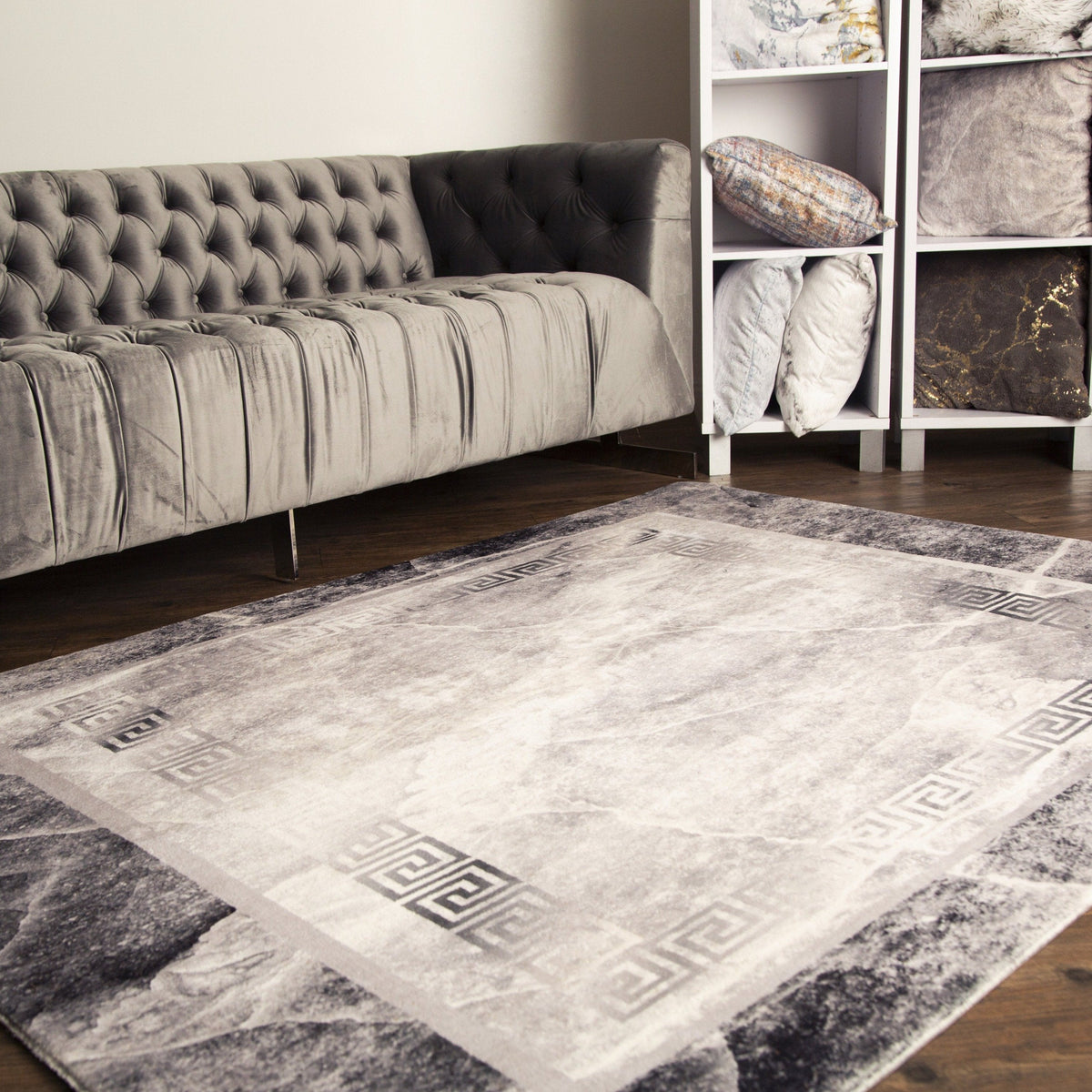 Black Gray and White Soft Plush Fluffy Lattice Design Area Rug / Carpet