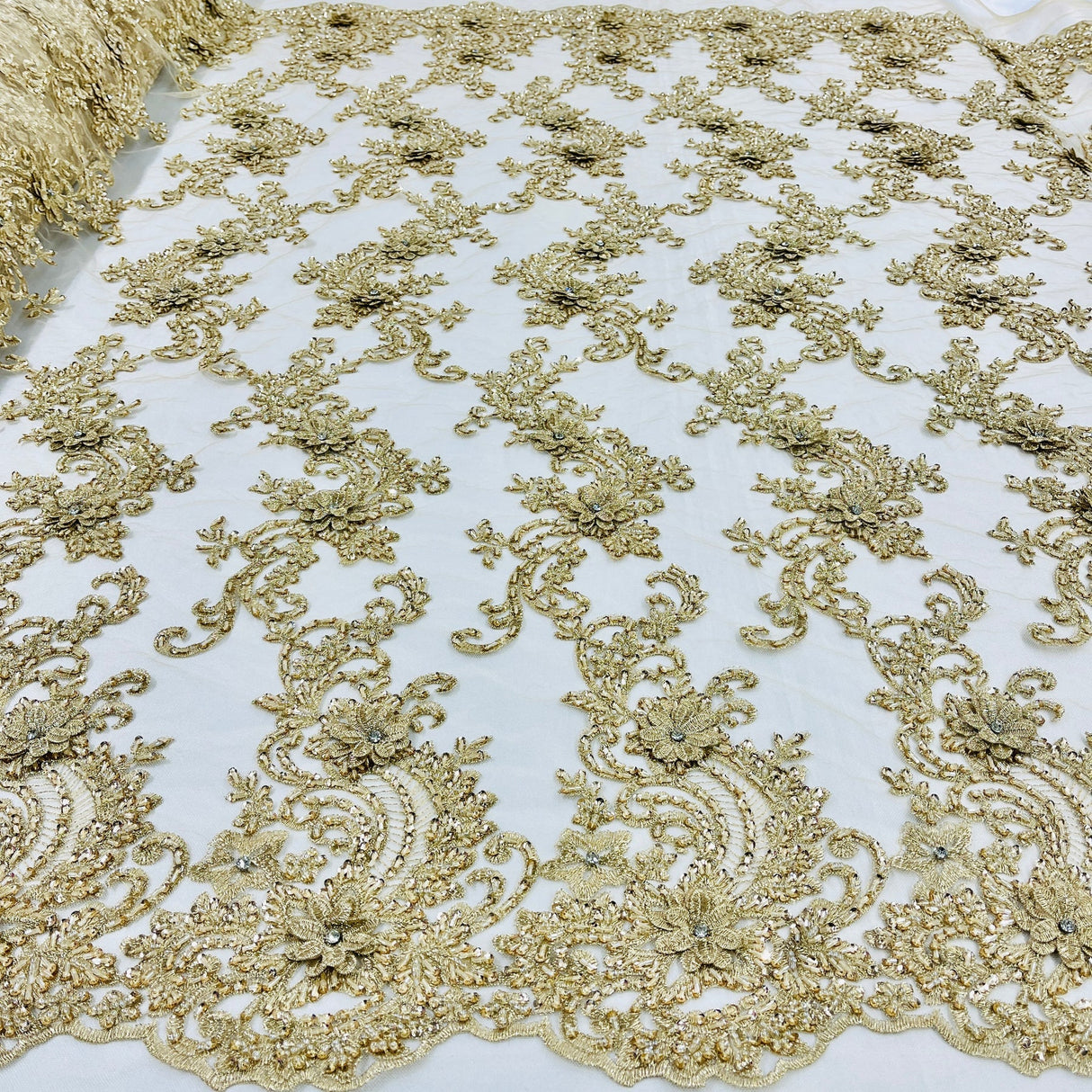 1 Yard Beaded 3D Floral Lace Fabric on Polyester Net Mesh, Dusty Rose, 52" Wide, Elegant Embroidered Lace Fabric