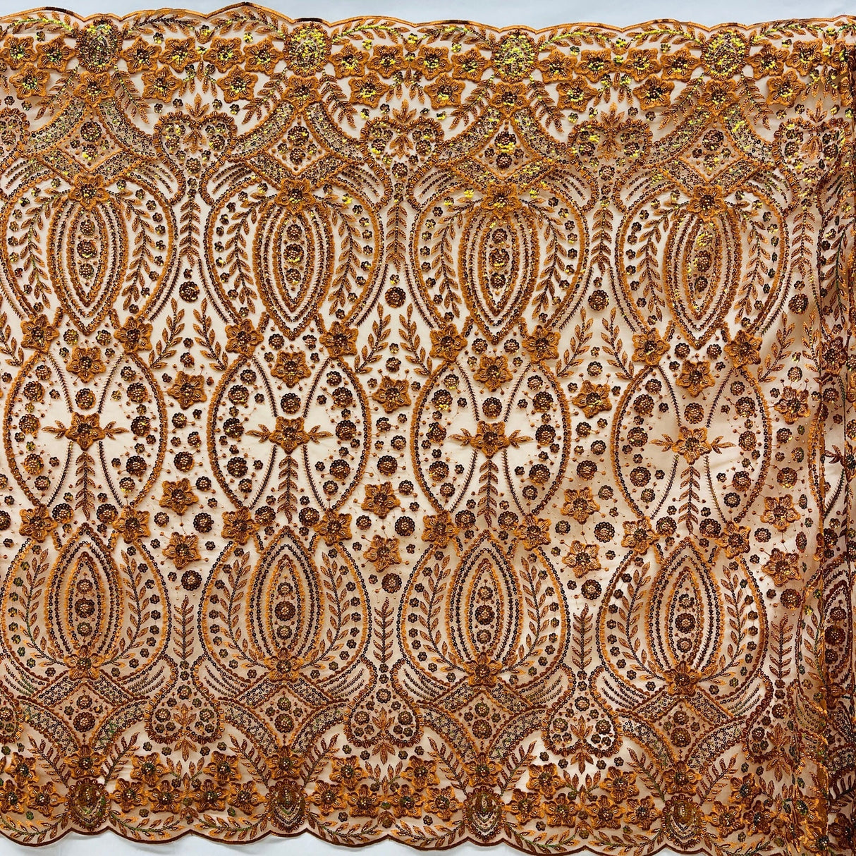 1 Yard Rust Beaded Sequined Floral Sparkling Lace Fabric Embroidered on Polyester Net Mesh 52 inch Width