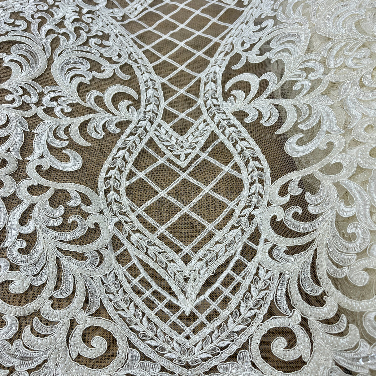1 Yard Beaded & Corded Bridal Lace Fabric Embroidered Polyester Net Mesh for Elegant Wedding & Couture Designs 54" Wide