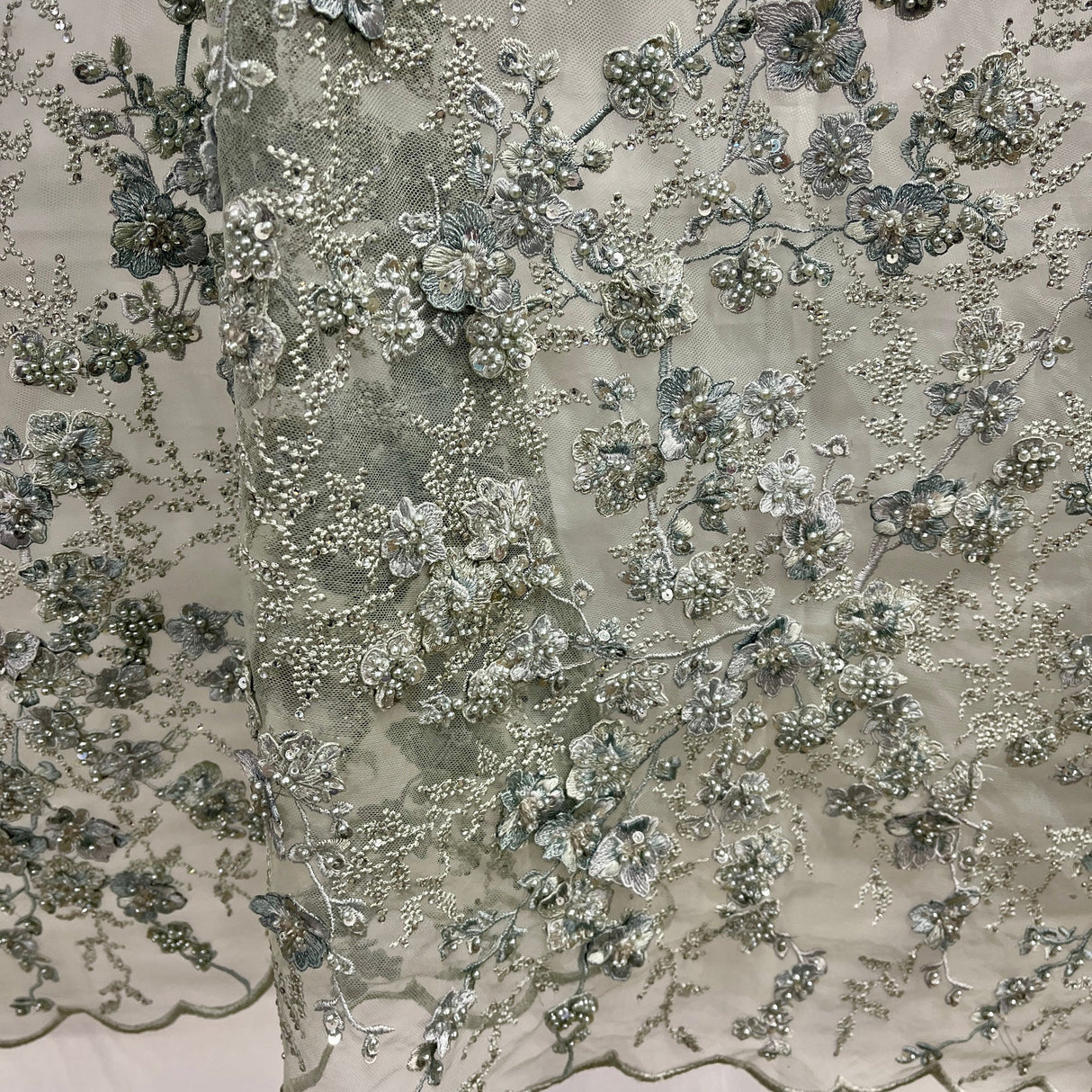 1 Yard Beaded 3D Floral Multitone Lace Fabric on Polyester Net Mesh, Premium Embroidered Lace Fabric, 54" Width